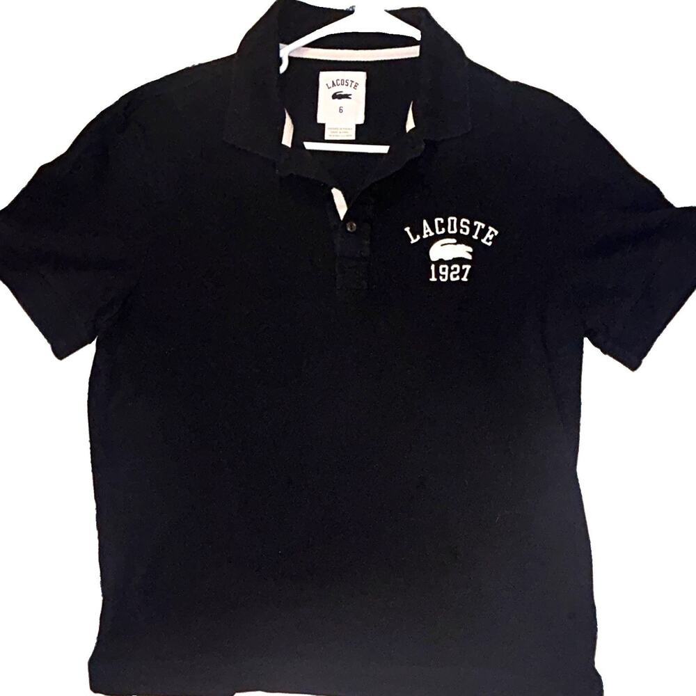 Lacoste Mens Size 6 Black Solid Short Sleeve Collared Polo Embroidered Logo